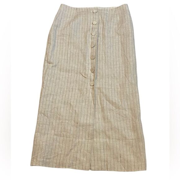 NWT H&M BUTTON-FRONT LINEN SKIRT Light beige/Pinstriped Size 10 - Picture 3 of 8